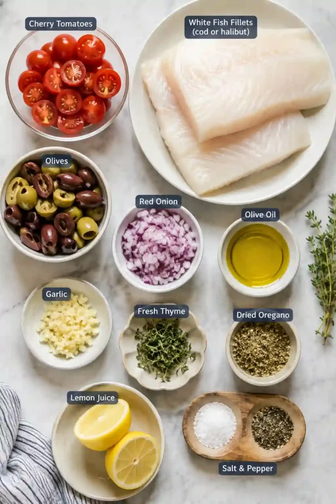 Mediterranean Baked White Fish with flaky cod, cherry tomatoes, Kalamata olives, garlic, lemon, thyme, and oregano in a baking dish. The colorful Mediterranean fish recipe is served warm with fresh lemon.