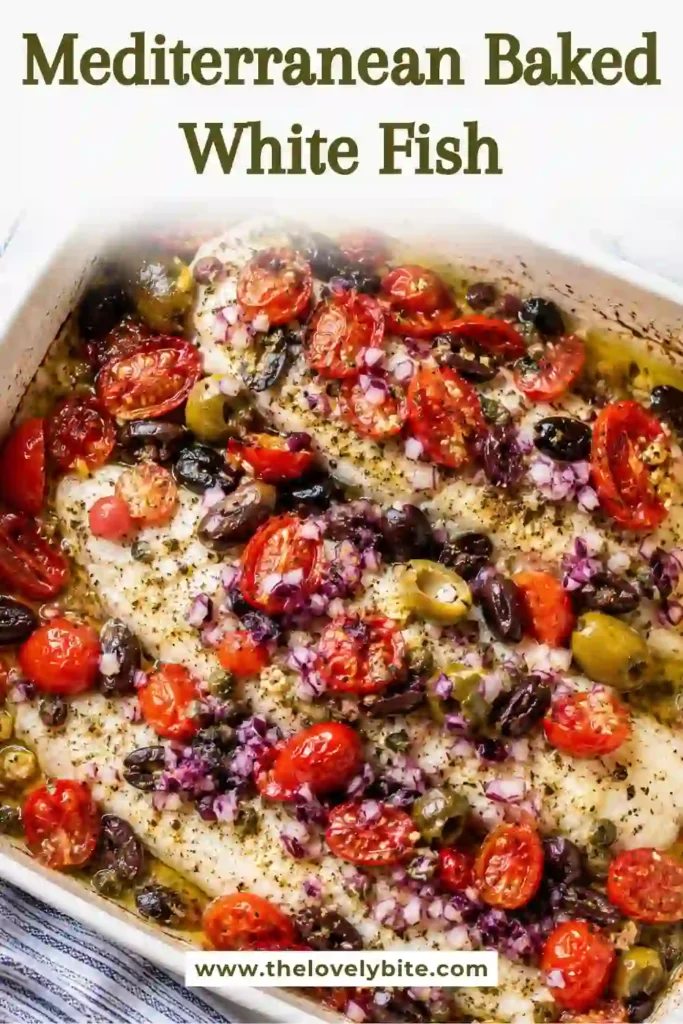 Mediterranean baked cod with tomatoes and olives served in a large baking dish. Fresh lemon, oregano, thyme, and extra virgin olive oil add flavor to this easy fish dinner.