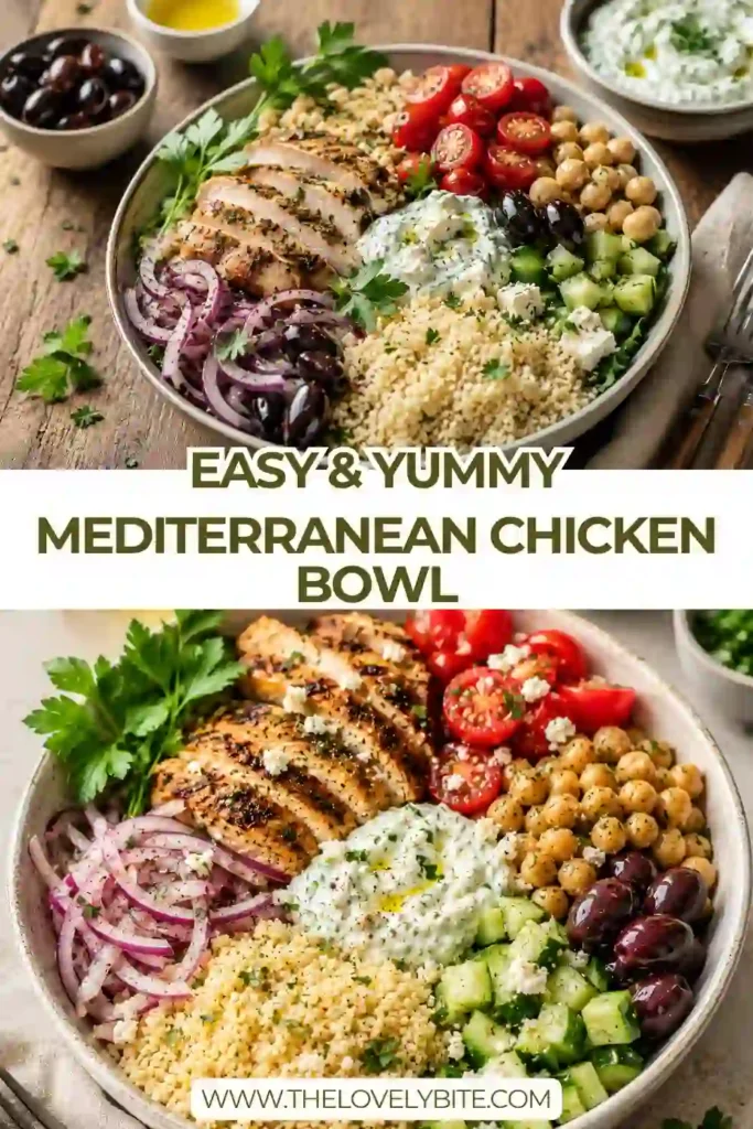 A Mediterranean Chicken Bowl topped with sliced lemon herb chicken, fluffy couscous, fresh vegetables, feta cheese, and creamy homemade tzatziki. This healthy chicken bowl is colorful, fresh, and packed with Mediterranean flavors.