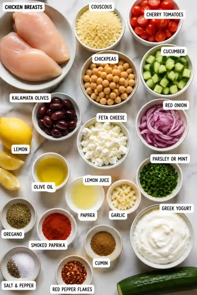 Colorful Mediterranean Chicken Bowl filled with marinated chicken, crisp vegetables, couscous, chickpeas, olives, feta, and fresh herbs. A wholesome and flavorful family meal.