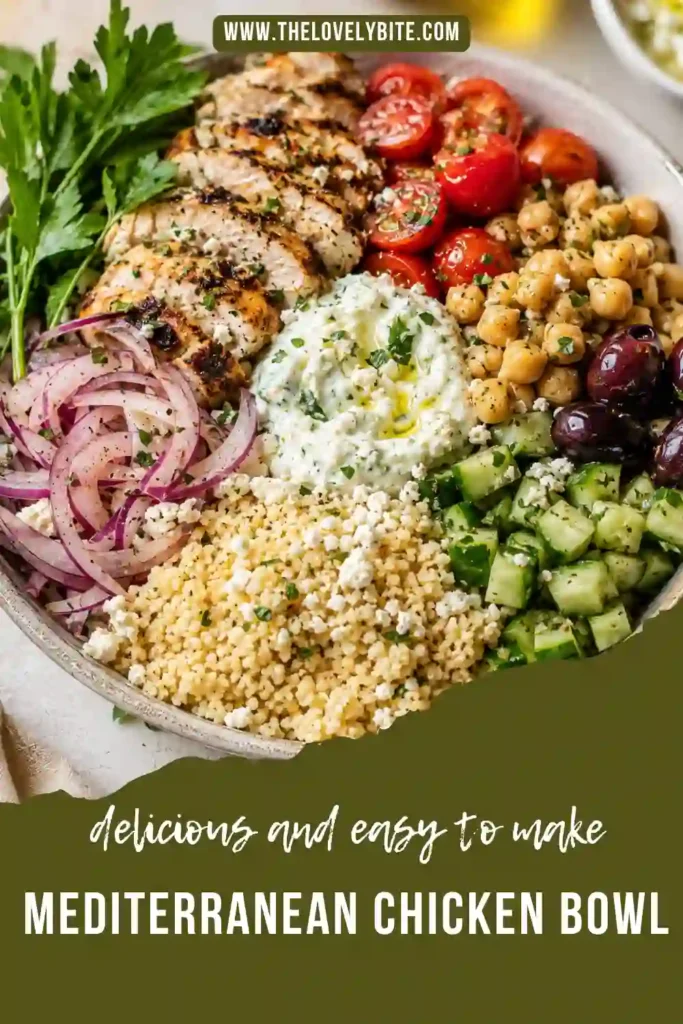 Healthy Mediterranean Chicken Bowl with seasoned grilled chicken, couscous, feta cheese, fresh herbs, cucumber, tomatoes, and creamy tzatziki sauce. A balanced high-protein Mediterranean dinner.