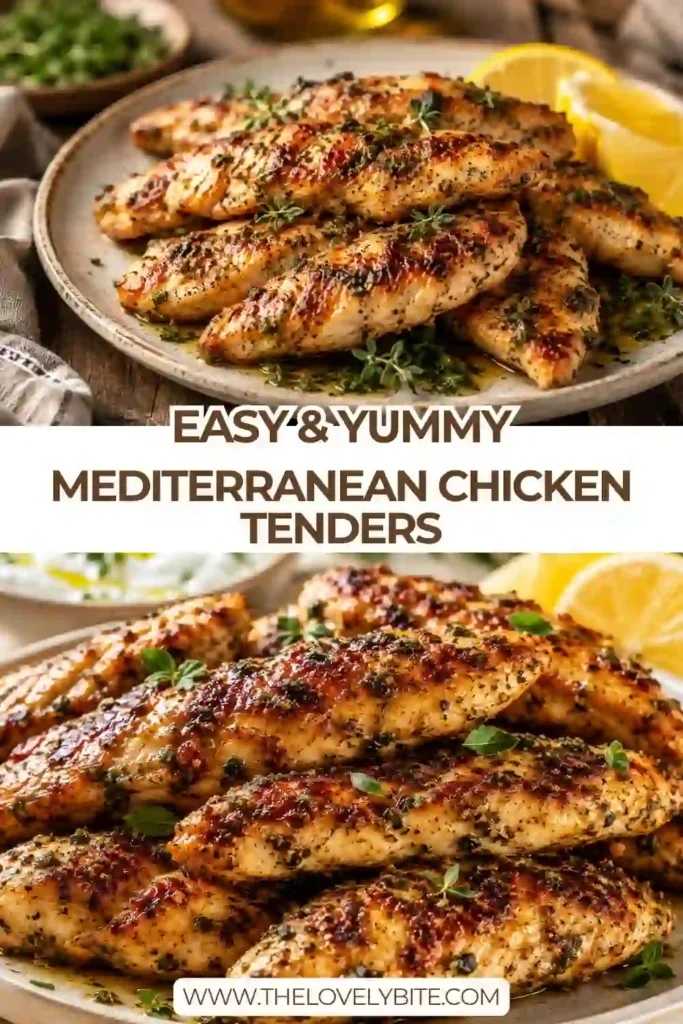 Golden Mediterranean Chicken Tenders served with fresh parsley and lemon wedges on a white serving platter. The juicy chicken features a flavorful lemon oregano marinade and a beautifully browned exterior.