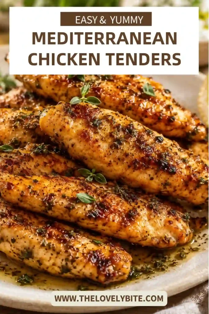 Air fryer Mediterranean Chicken Tenders arranged on a serving plate with fresh herbs and citrus. The chicken is golden brown with a tender, juicy texture.