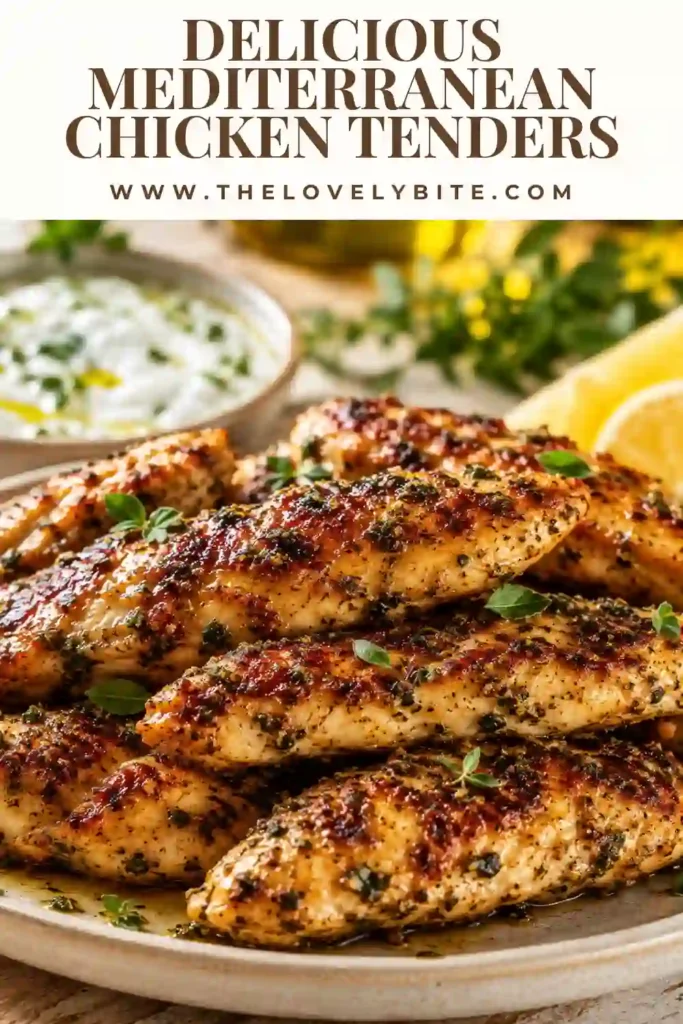 Pan fried Mediterranean Chicken Tenders garnished with chopped parsley and served alongside roasted vegetables. The chicken has a crisp golden crust and juicy interior.
