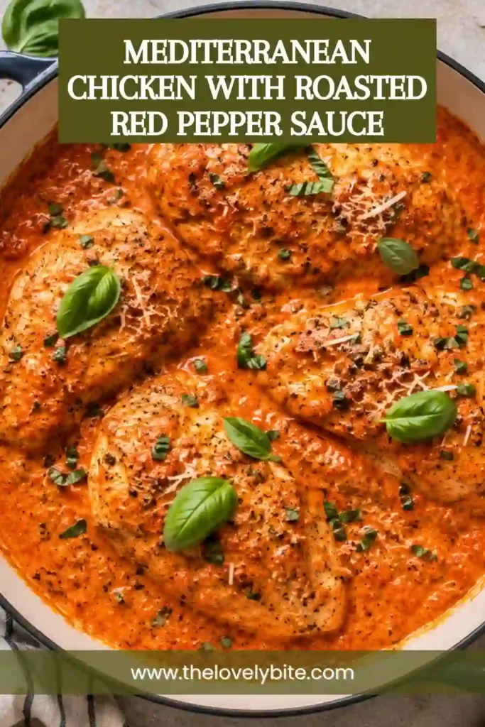 Creamy red pepper chicken featuring tender skillet chicken coated in a smooth roasted pepper and cream sauce. Feta cheese and basil add fresh color and Mediterranean flavor.