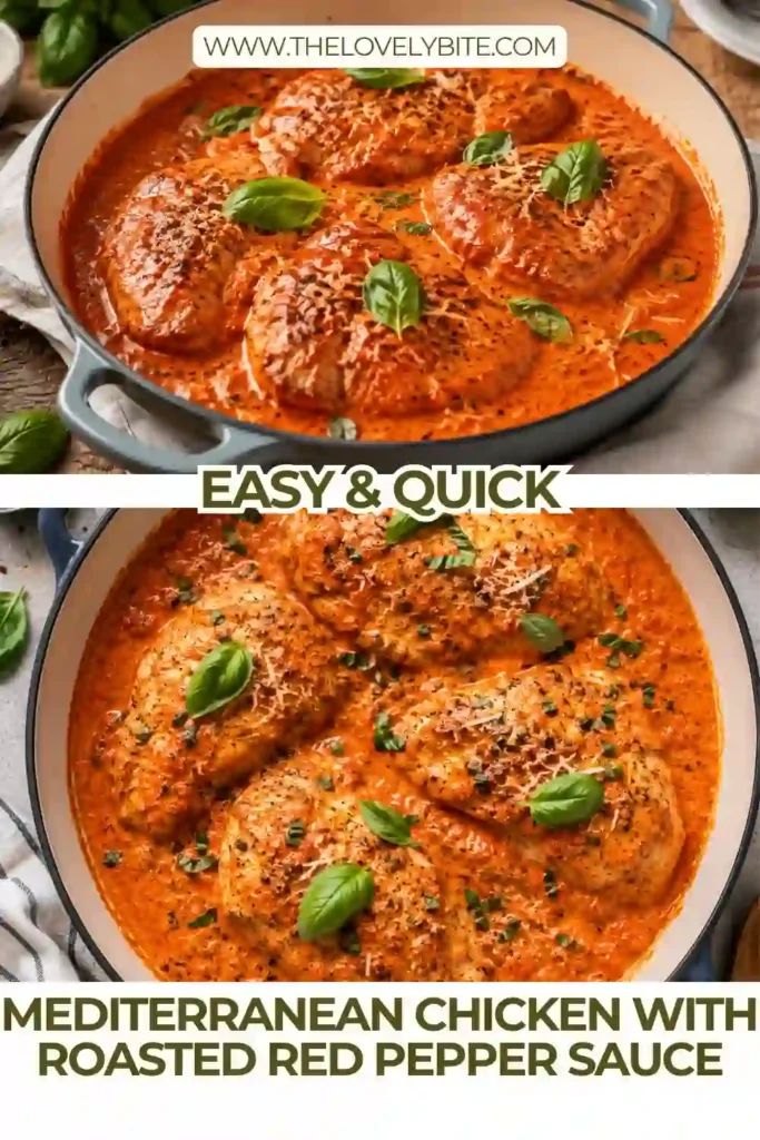 Golden chicken breasts covered in creamy roasted red pepper sauce with garlic and Italian herbs. Fresh basil and crumbled feta garnish the Mediterranean chicken.