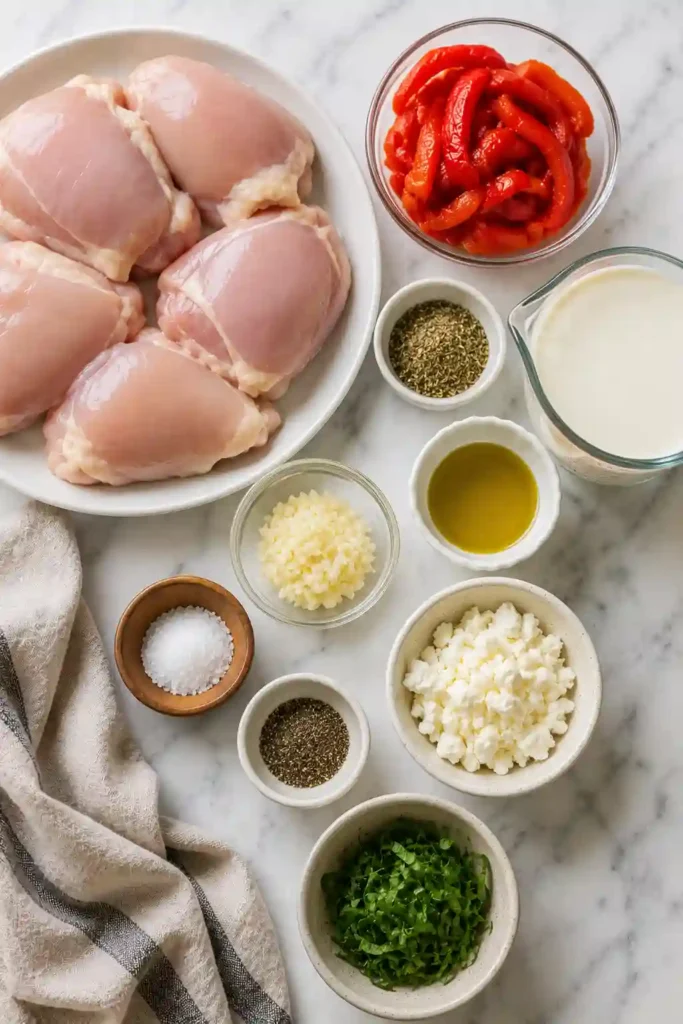 Easy Mediterranean chicken served with velvety roasted red pepper sauce, crumbled feta, and fresh basil. The golden chicken is coated in a rich, colorful cream sauce.