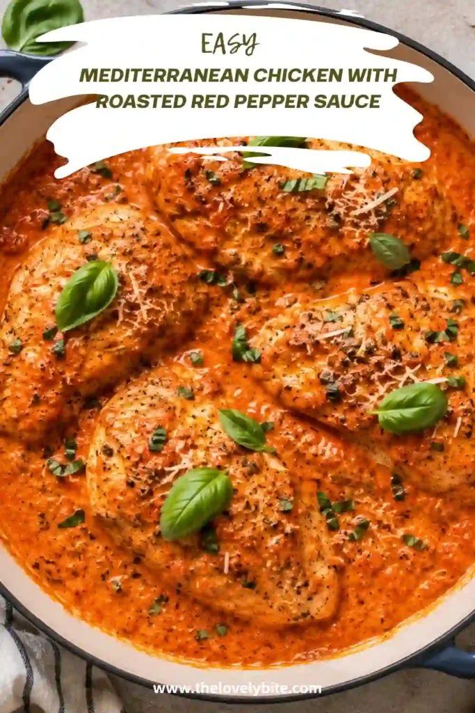Mediterranean Chicken with Roasted Red Pepper Sauce served in a skillet with creamy red pepper sauce. Crumbled feta and fresh basil add a colorful Mediterranean-inspired finish.