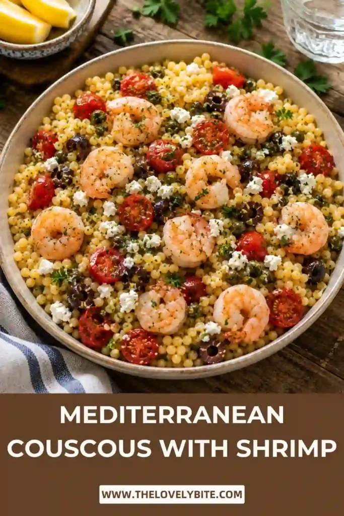 Mediterranean Couscous with Shrimp served warm with lemon, feta cheese, pearl couscous, and fresh vegetables. This easy shrimp recipe is packed with vibrant Mediterranean flavors.