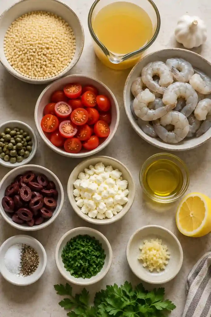 A bowl of Mediterranean Couscous with Shrimp featuring pearl couscous, juicy shrimp, cherry tomatoes, Kalamata olives, feta cheese, and fresh parsley. This healthy seafood meal is colorful, fresh, and perfect for dinner.