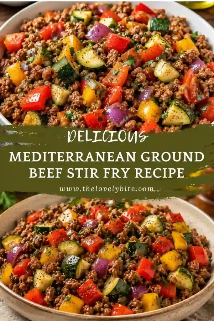 A colorful Mediterranean Ground Beef Stir Fry featuring lean ground beef, zucchini, bell peppers, onions, and cherry tomatoes cooked in a skillet. This healthy one-pan dinner is fresh, hearty, and perfect for busy weeknights.