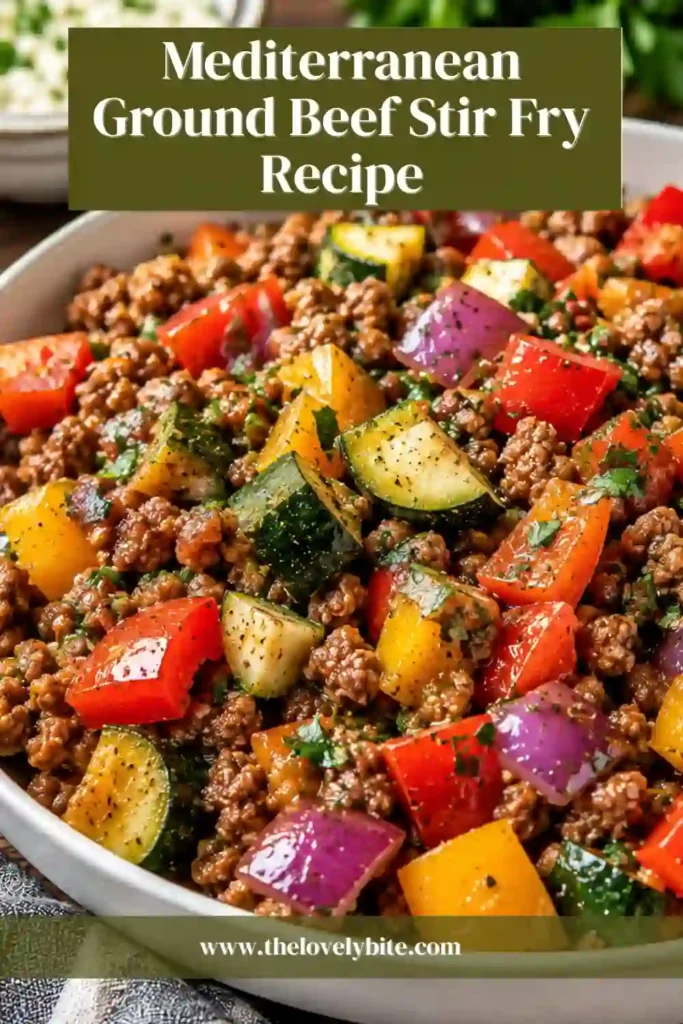 Healthy Mediterranean Ground Beef Stir Fry served with tender zucchini, sweet bell peppers, and juicy cherry tomatoes. A delicious one-pan beef recipe for quick family dinners.