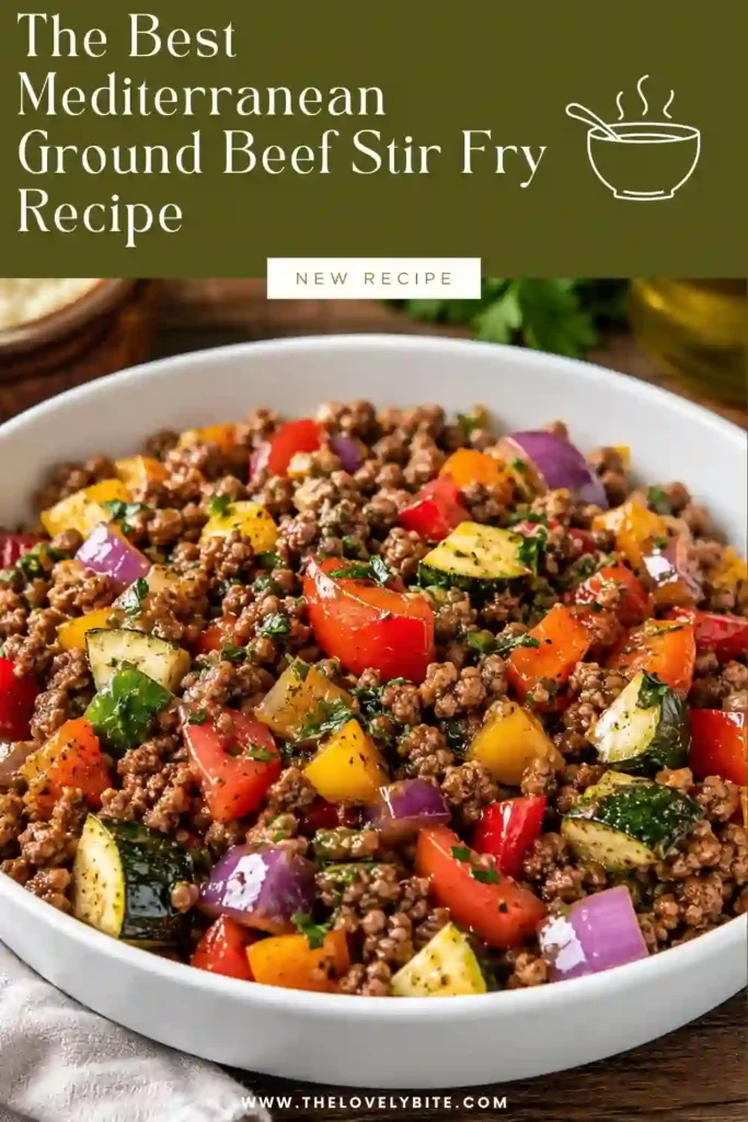 One pan Mediterranean Ground Beef Stir Fry cooked with lean beef, onions, zucchini, bell peppers, garlic, and tomatoes for an easy healthy dinner recipe.