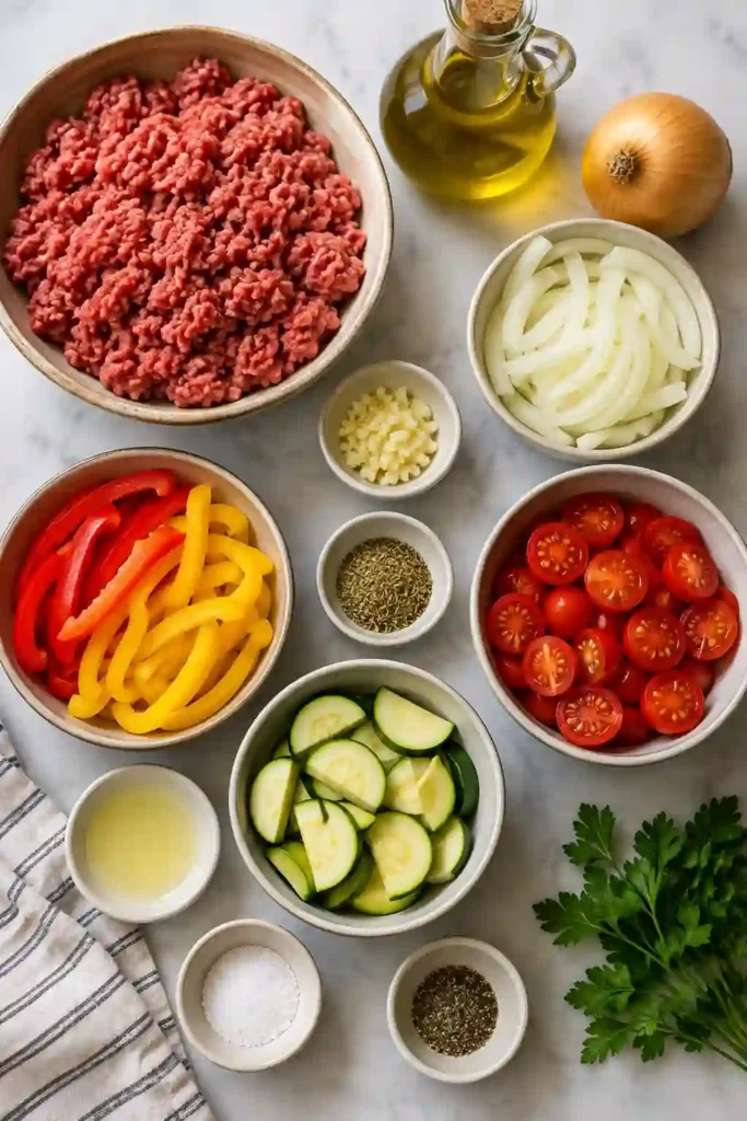 Flavorful Mediterranean Ground Beef Stir Fry garnished with fresh parsley and served hot in a skillet with colorful vegetables and lean beef.