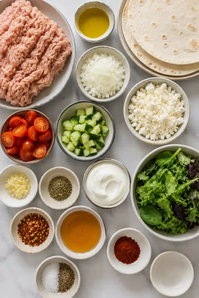 Chicken feta wrap filled with seasoned ground chicken, cucumber, cherry tomatoes, lettuce, and crumbled feta. The Mediterranean-inspired wrap is finished with creamy hot honey feta sauce.