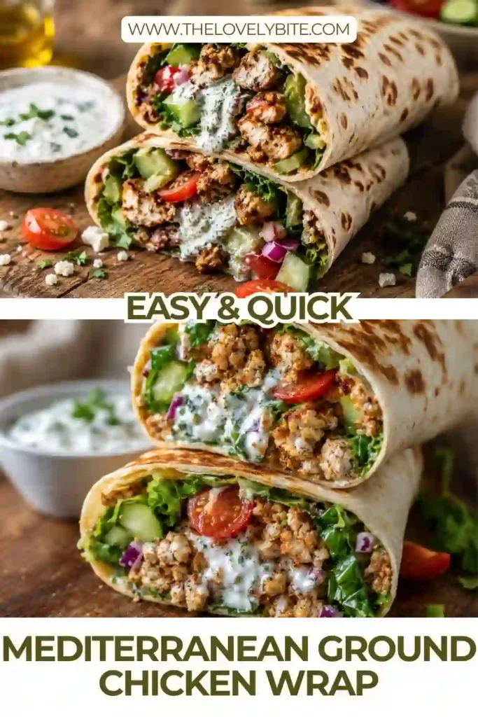 Ground chicken wrap loaded with Mediterranean-seasoned chicken, fresh cucumber, juicy tomatoes, greens, and feta cheese. A creamy sweet and spicy hot honey feta sauce finishes the wrap.