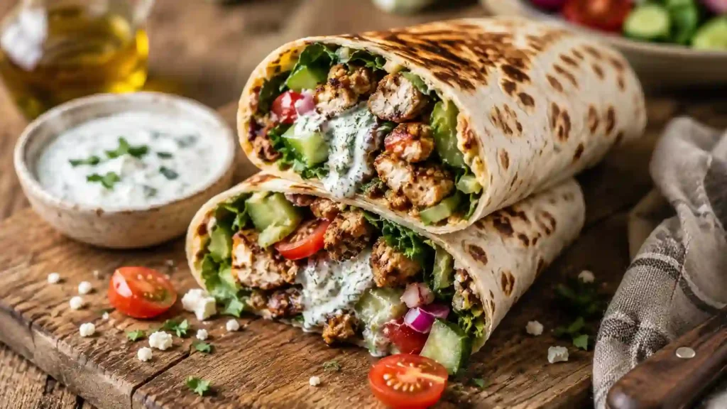 Chicken feta wrap filled with seasoned ground chicken, cucumber, cherry tomatoes, lettuce, and crumbled feta. The Mediterranean-inspired wrap is finished with creamy hot honey feta sauce.