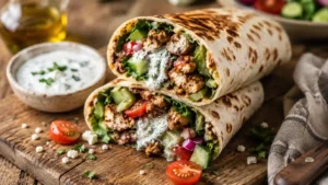 Chicken feta wrap filled with seasoned ground chicken, cucumber, cherry tomatoes, lettuce, and crumbled feta. The Mediterranean-inspired wrap is finished with creamy hot honey feta sauce.