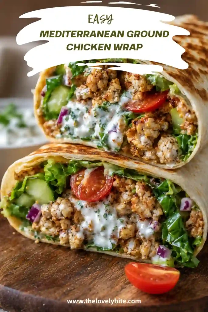 Mediterranean Ground Chicken Wrap filled with seasoned chicken, mixed greens, cherry tomatoes, cucumber, and crumbled feta. Creamy hot honey feta sauce is drizzled over the colorful filling.