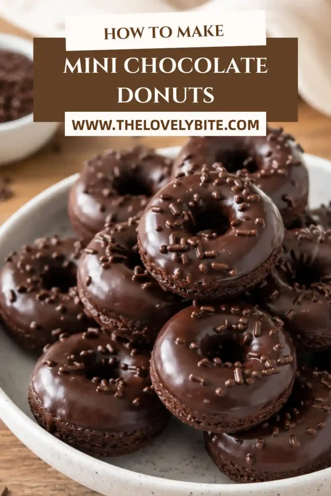 Freshly baked Mini Chocolate Donuts coated in glossy chocolate ganache and colorful sprinkles. These homemade baked chocolate donuts have a rich cocoa flavor and soft cake-like texture.