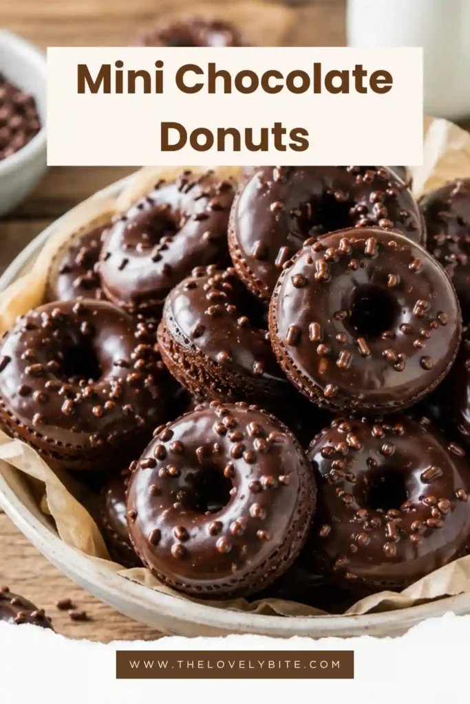 A plate of Mini Chocolate Donuts dipped in smooth chocolate ganache with festive sprinkles. These baked mini donuts are perfect for breakfast, dessert, or parties.
