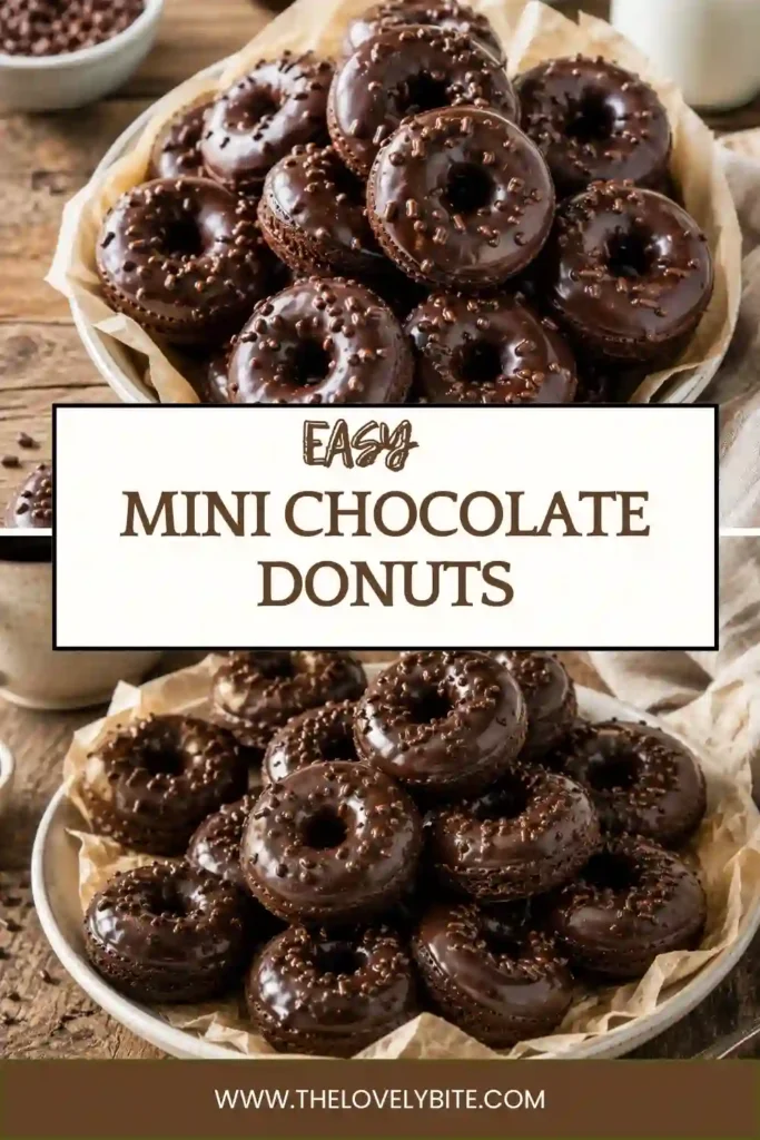 Homemade Mini Chocolate Donuts made in a donut pan and finished with creamy chocolate glaze. Bite-sized chocolate treats with a moist and tender crumb.