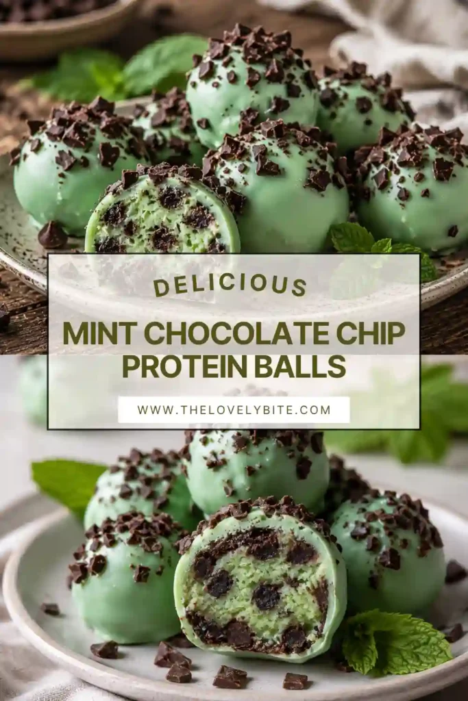No bake mint chocolate protein balls coated in smooth green chocolate and sprinkled with mini chocolate chips. The bite-sized treats have creamy nut and protein powder centers.
