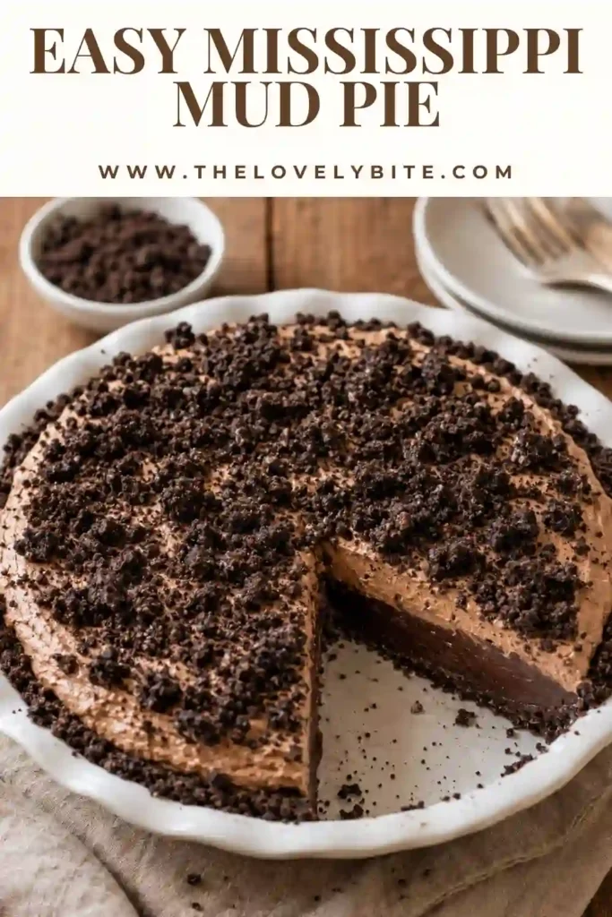 Rich chocolate mud pie made with an Oreo crust, fudgy chocolate brownie, and creamy chocolate mousse. Crushed chocolate cookies decorate the top for added texture.