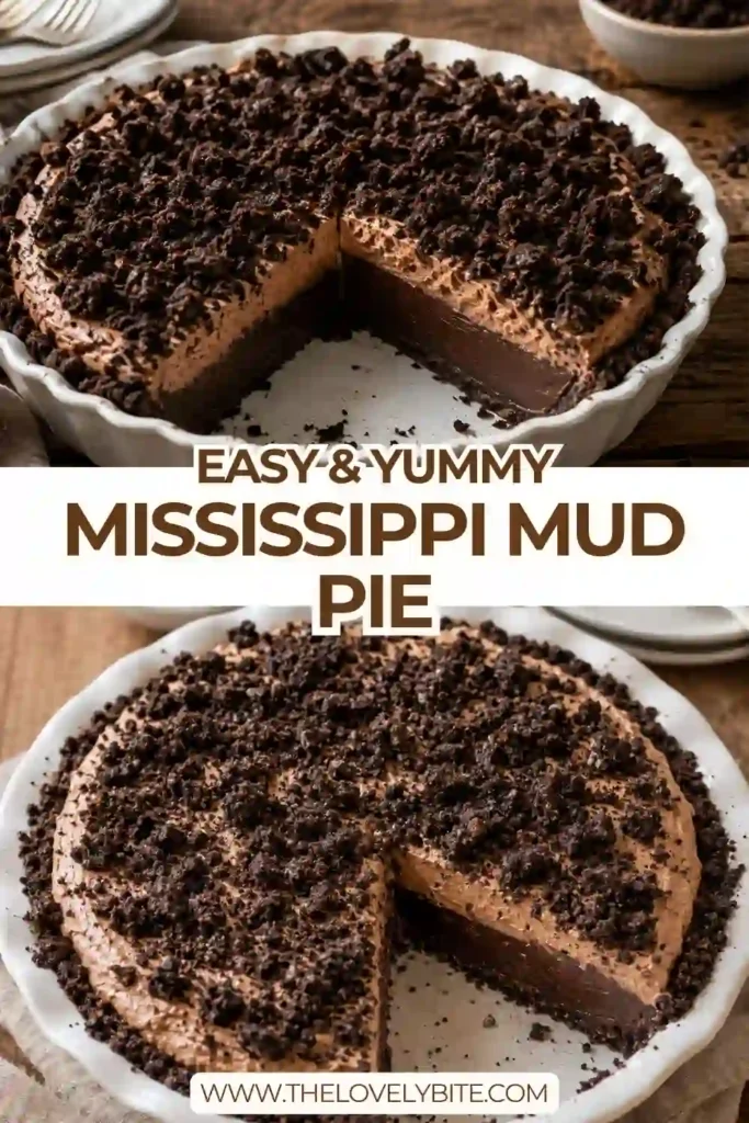 A sliced Mississippi Mud Pie showing layers of chocolate cookie crust, dense brownie, and silky milk chocolate mousse. Oreo crumble adds a crunchy chocolate topping.