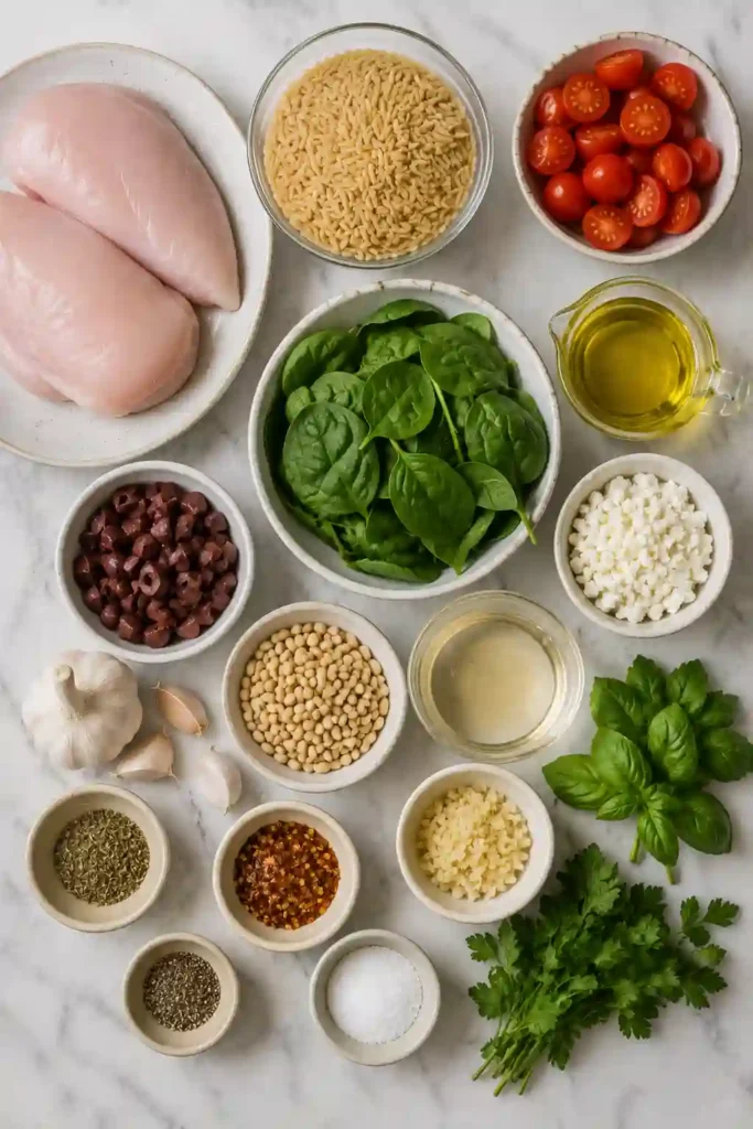 Golden sliced chicken breast served over Mediterranean orzo with tomatoes, feta cheese, spinach, olives and pine nuts. Fresh herbs and lemon brighten the savory pasta dish.
