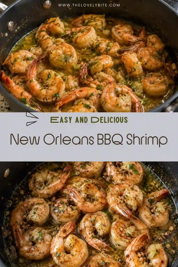 Louisiana shrimp cooked with garlic, Cajun seasoning, lemon, Worcestershire sauce, and butter. The New Orleans BBQ Shrimp is garnished with parsley and scallions.