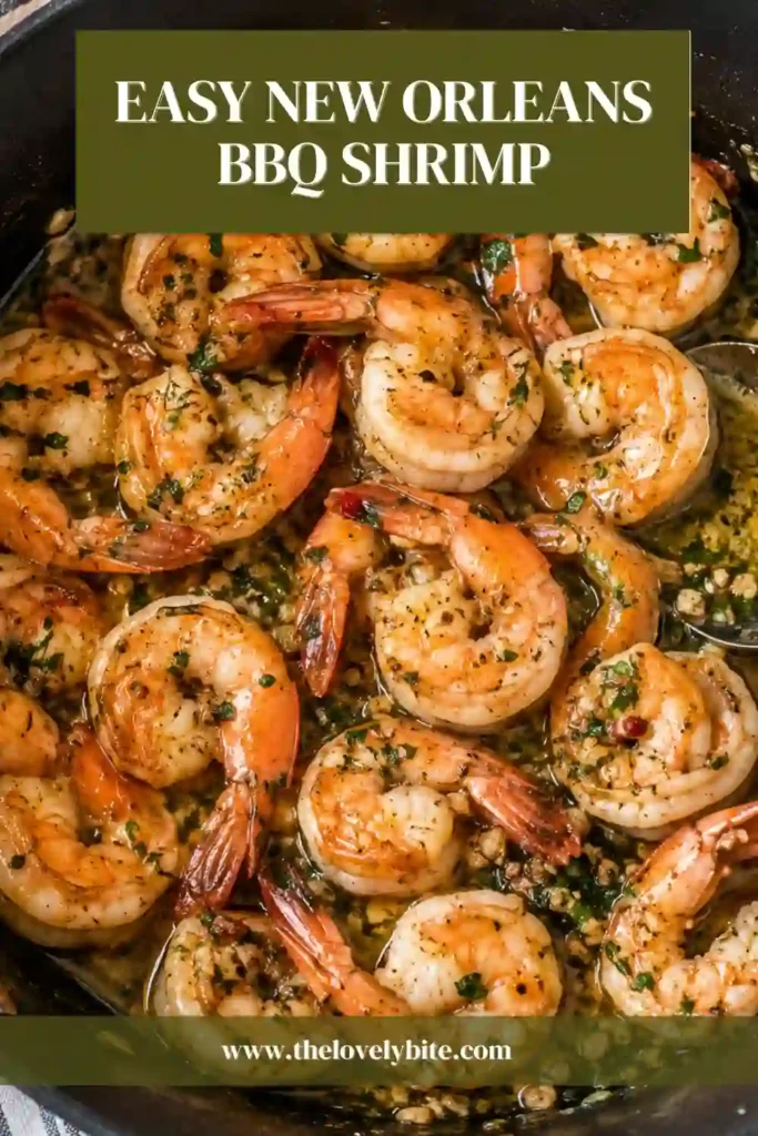 New Orleans BBQ Shrimp served hot with lemon slices, fresh parsley, scallions, and crusty French bread. The Cajun shrimp are coated in a smooth golden butter sauce.