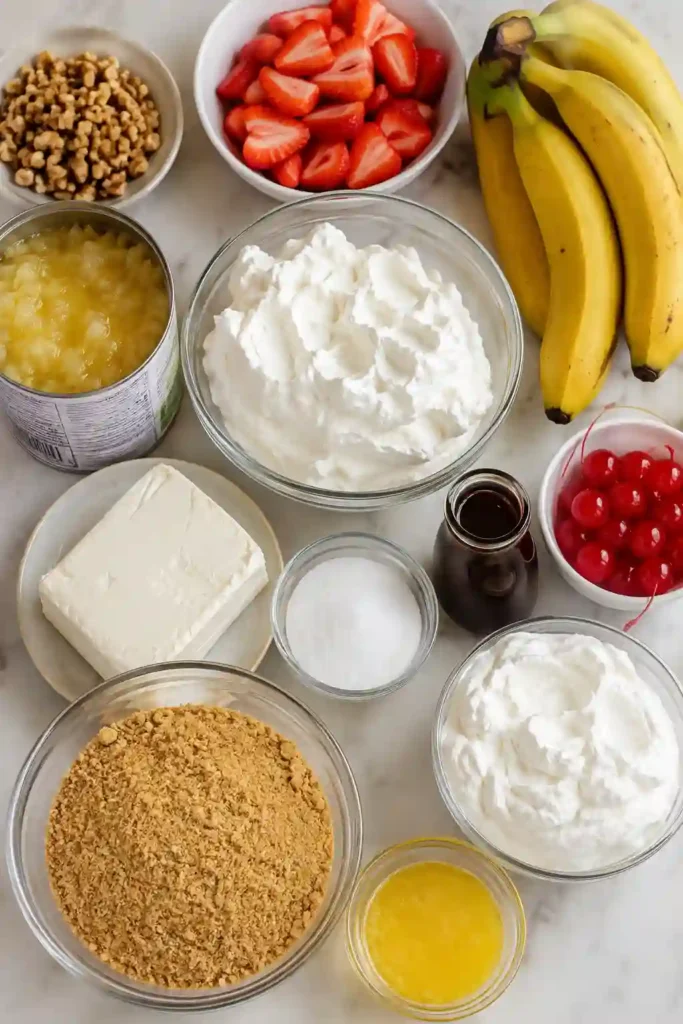 Beautiful layered No Bake Banana Split Dessert topped with cherries, chocolate syrup, walnuts, and fluffy whipped topping in a baking dish.