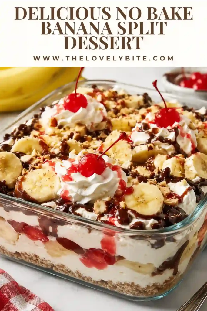 This easy No Bake Banana Split Dessert is topped with whipped topping, chocolate drizzle, chopped walnuts, and maraschino cherries over layers of fresh fruit and creamy filling.