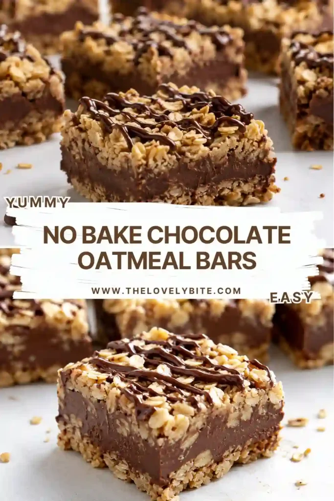 No bake chocolate oatmeal bars cut into neat squares with visible layers of buttery oats and chocolate peanut butter filling. The bars have a rich chocolate topping and chewy oatmeal texture.