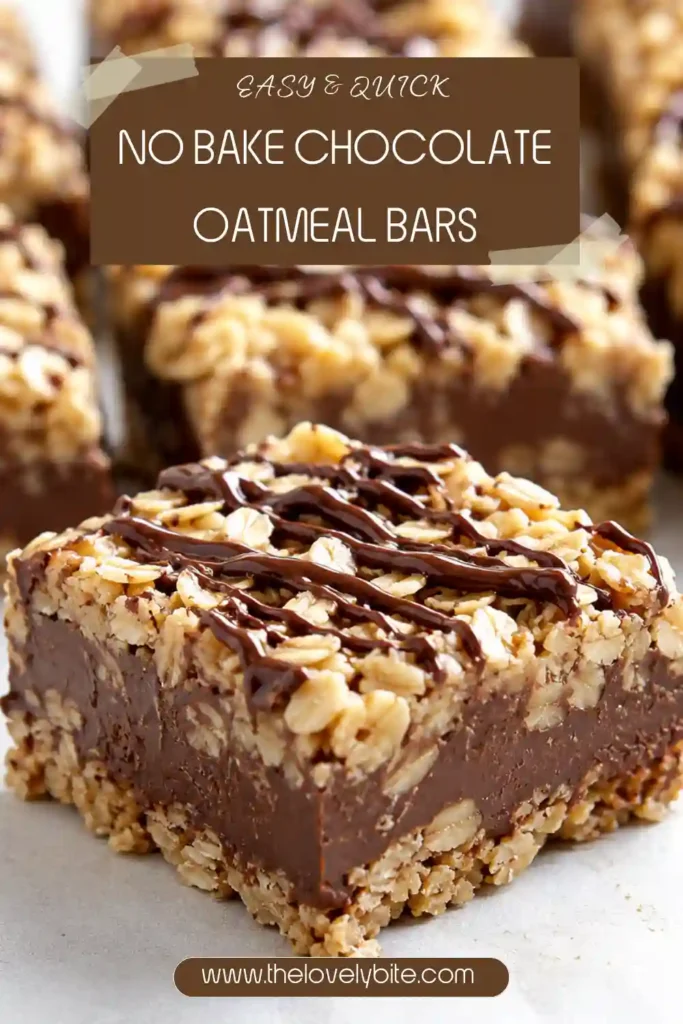 Homemade no bake chocolate oatmeal bars arranged on a serving plate. Each bar features chewy oats, creamy peanut butter, and a smooth chocolate layer.