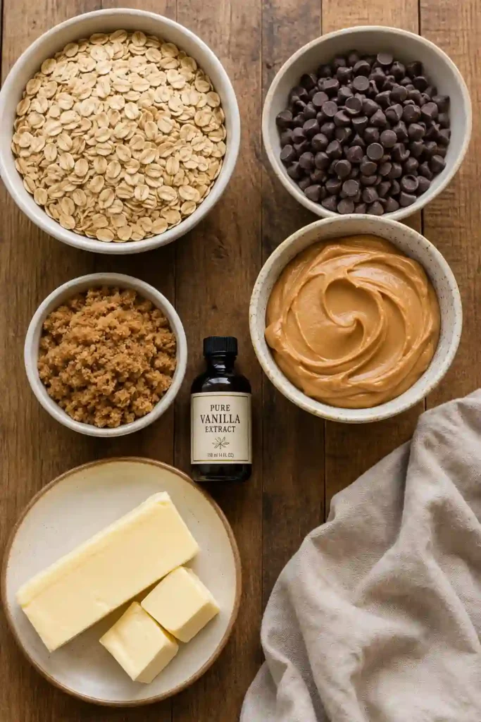 A close-up of no bake chocolate oatmeal bars topped with chocolate drizzle and sliced into squares. The bars have a chewy oat base and creamy peanut butter chocolate center.