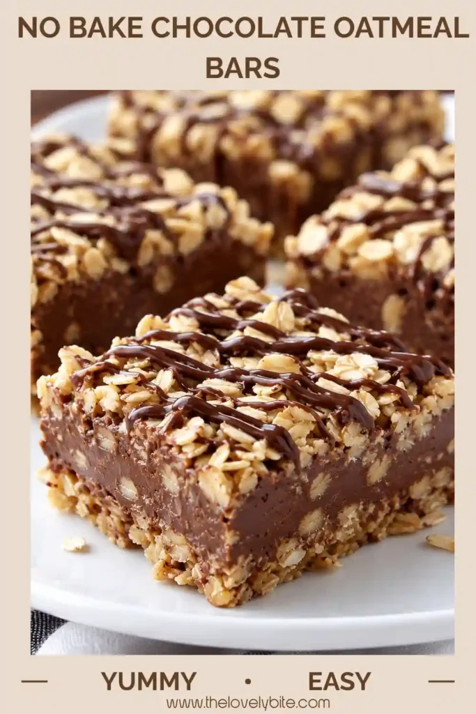 Chocolate oatmeal bars with peanut butter layered between buttery rolled oats. The chilled dessert is cut into small squares for easy serving.