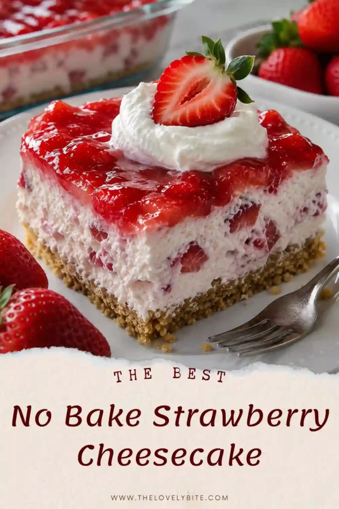 A square slice of no bake strawberry cheesecake served chilled with a Golden Oreo crust, creamy filling, whipped topping, strawberry glaze, and sliced strawberries. The slice shows the dessert's soft, creamy layers and crunchy cookie base.