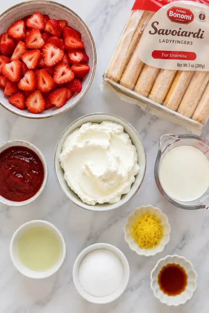 Homemade No Bake Strawberry Tiramisu garnished with fresh strawberries and served chilled. A creamy Italian-inspired dessert that's easy to prepare.