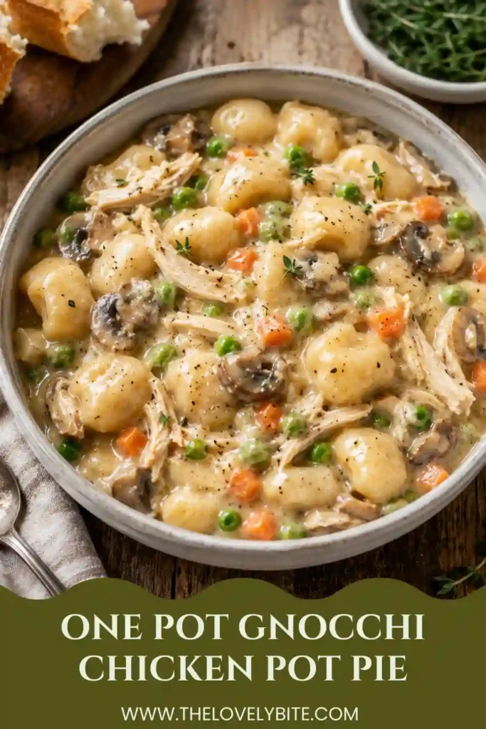 Chicken pot pie gnocchi featuring pillowy potato gnocchi, tender chicken, peas, carrots, and mushrooms. A creamy herb sauce gives this one-pot dinner its comforting texture.