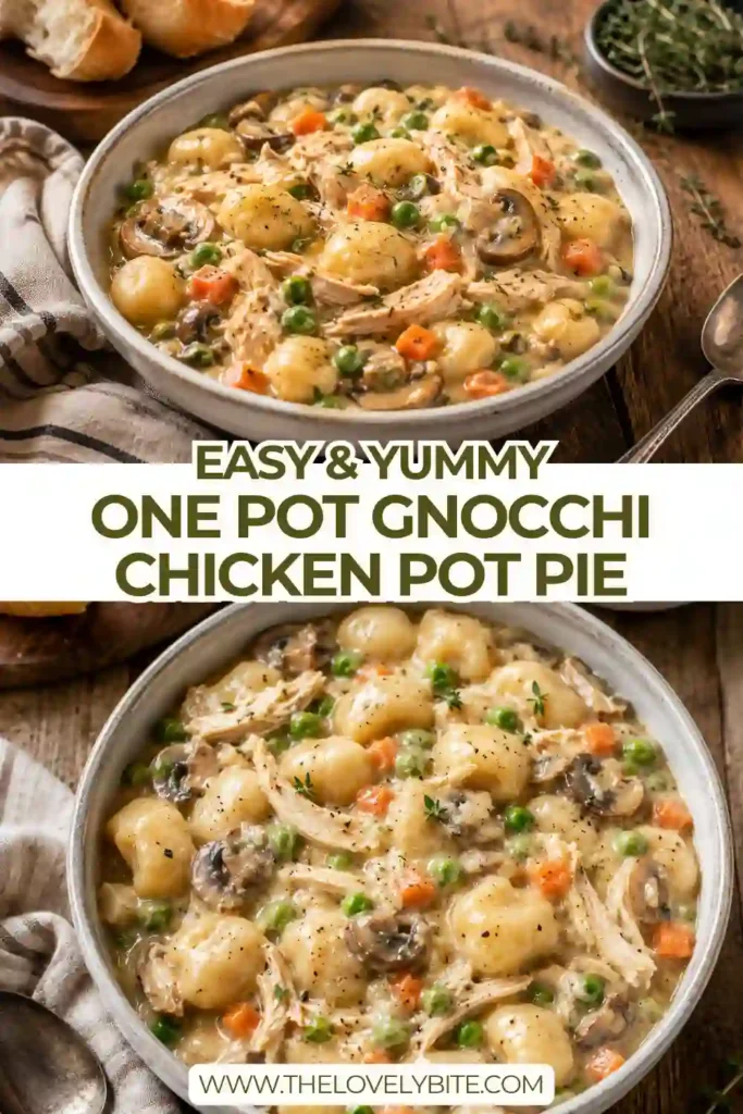 Creamy chicken gnocchi served with colorful carrots, green peas, mushrooms, and shredded chicken. Soft potato gnocchi and vegetables fill the rich chicken pot pie-style sauce.