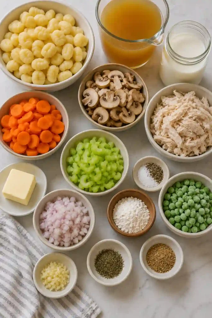 One pot chicken gnocchi made with shredded chicken, tender vegetables, and potato gnocchi in a creamy savory sauce. This easy dinner has the comforting flavors of classic chicken pot pie.