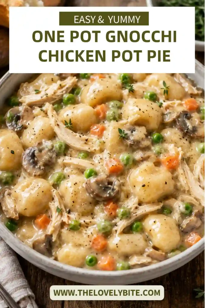 One Pot Gnocchi Chicken Pot Pie with tender potato gnocchi, shredded chicken, carrots, mushrooms, celery, and peas. The ingredients are coated in a thick, creamy herb-seasoned sauce.