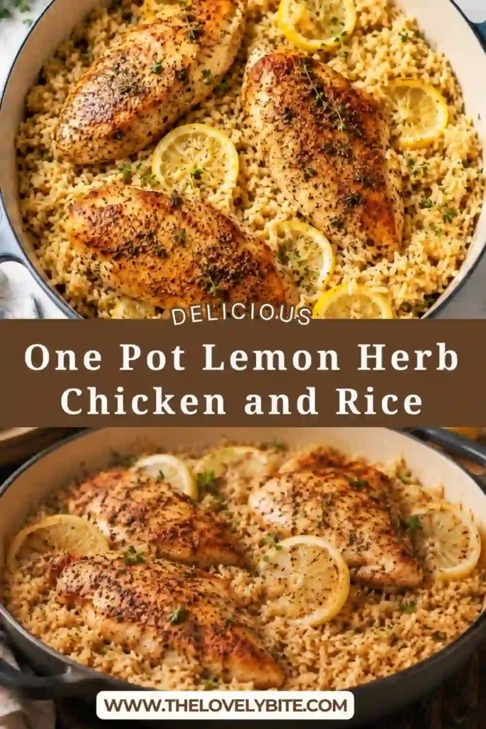 A hearty serving of One Pot Lemon Herb Chicken and Rice featuring tender chicken, fluffy white rice, Italian herbs, and fresh lemon garnish. Perfect for an easy family dinner.