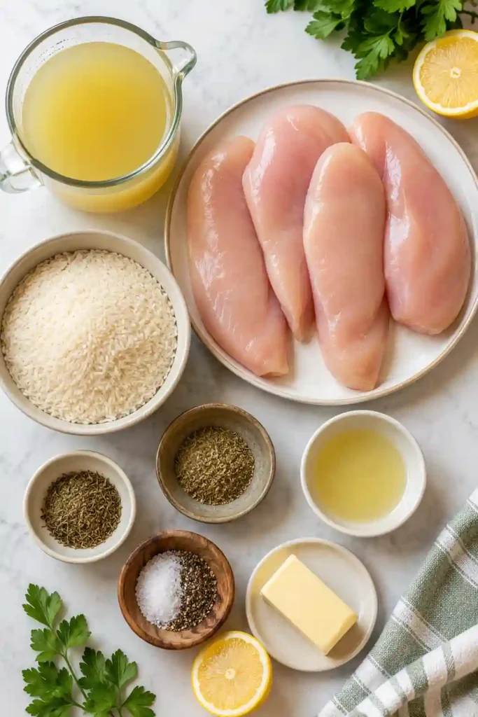 One Pot Lemon Herb Chicken and Rice served in a skillet with juicy seasoned chicken breasts over fluffy lemon-infused rice. Fresh parsley and lemon wedges add bright color and fresh flavor.