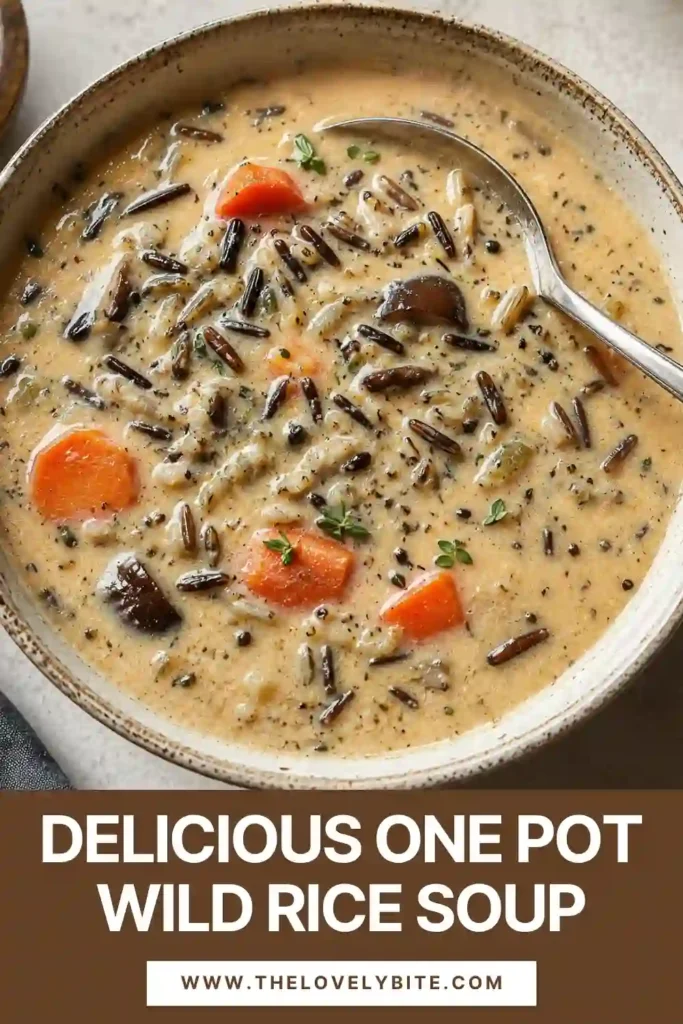 A close-up bowl of vegetarian wild rice soup with tender wild rice, earthy mushrooms, sweet potato, carrots, and fresh kale. The creamy coconut broth gives the healthy comfort food a rich, inviting appearance.
