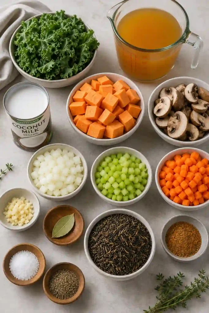 Instant Pot wild rice soup with creamy coconut milk, mushrooms, kale, sweet potato, carrots, and celery served in a cozy bowl. The hearty vegetarian soup is colorful, creamy, and packed with vegetables.