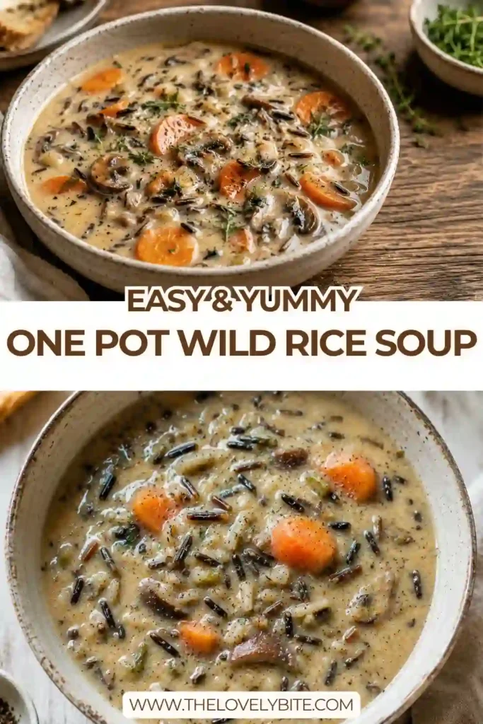 One Pot Wild Rice Soup served warm in a bowl, featuring mushrooms, wild rice, kale, sweet potato, carrots, and celery. The creamy soup has a rustic, homemade appearance.
