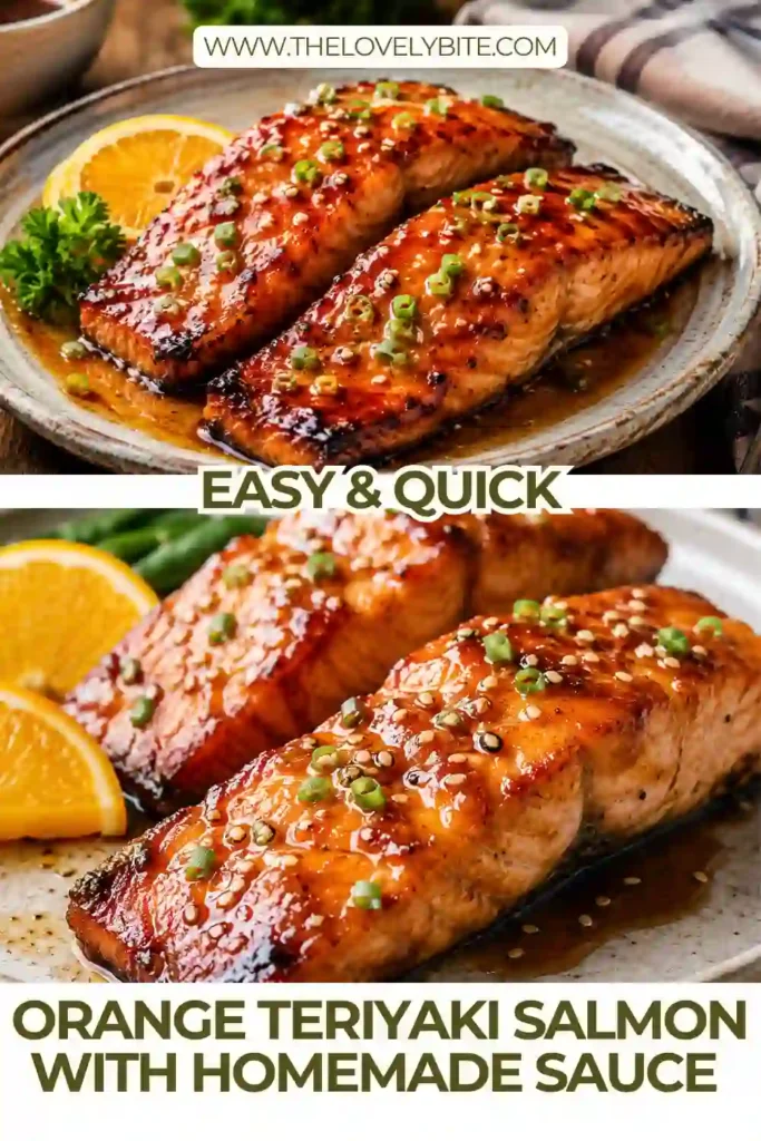 2. Baked Orange Teriyaki Salmon served over steamed rice with sesame seeds and sliced green onions. The salmon is coated in a sticky orange, ginger, garlic, and soy glaze.